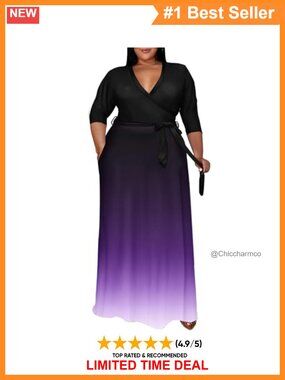 Plus Size Wrap Maxi Dress V-Neck 3/4 Sleeve Belted Flowy Ruffle Hem